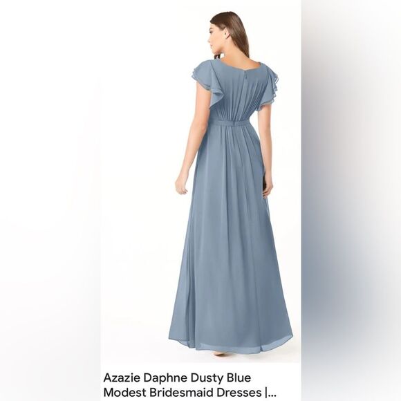 Azazie Blue Dress Maxi Scoop Neck Sheer Flutter Short Sleeve Maxi Dress Wedding - Picture 13 of 17